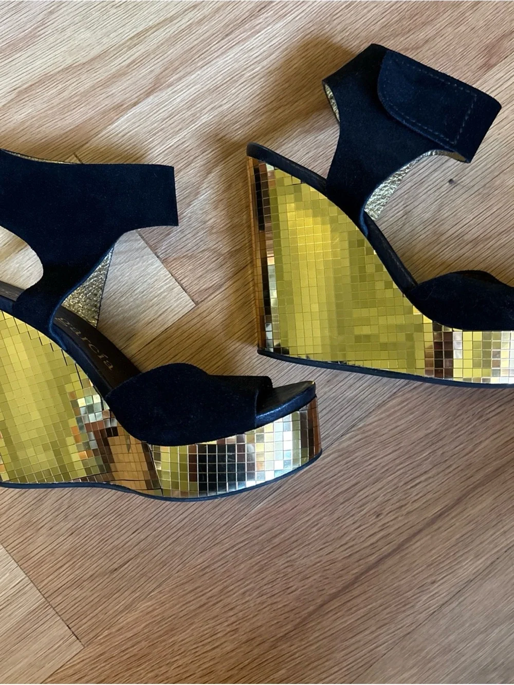 Pedro Garcia Black Suede & Gold disco Wedge Slide Sandals